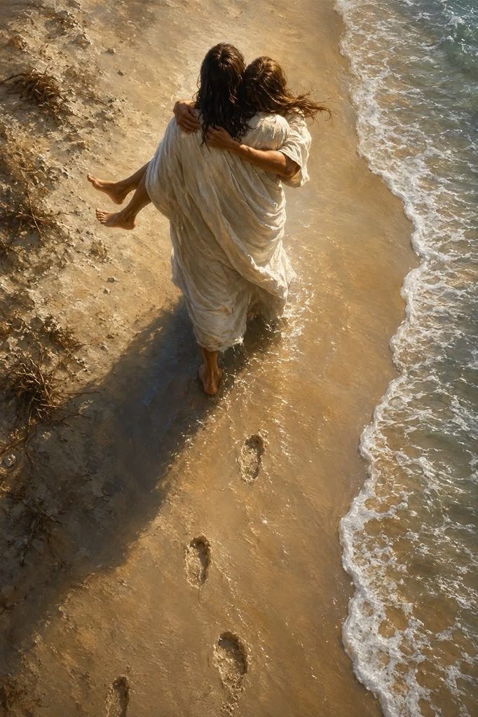 An illustration of Jesus carrying a woman along a sandy beach beside the ocean.