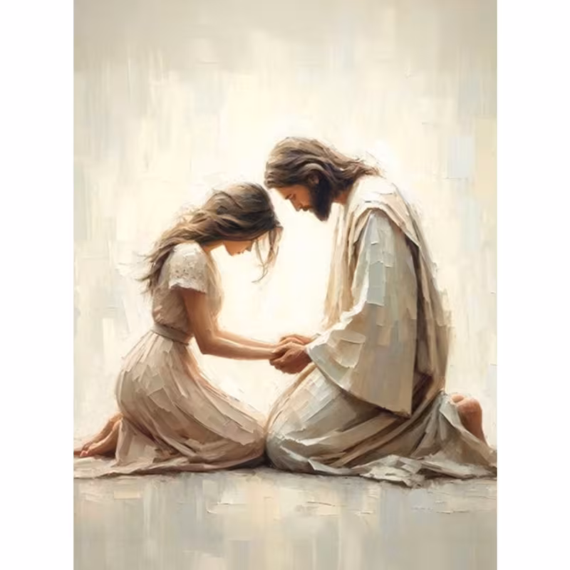 An illustration of Jesus kneeling and holding the hands of a woman with her head bowed.