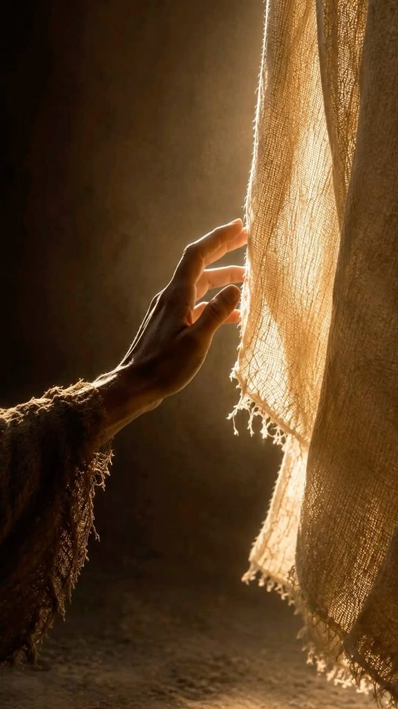 A hand reaching toward a softly illuminated robe as warm golden sunlight enters a room.